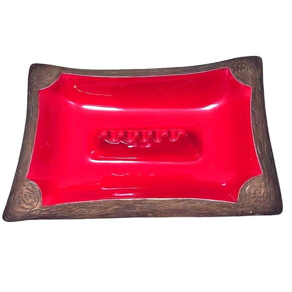 California Pottery Other - California Pottery Ashtray Red Faux Wood MCM USA 1004 Ceramic 1960s Vintage